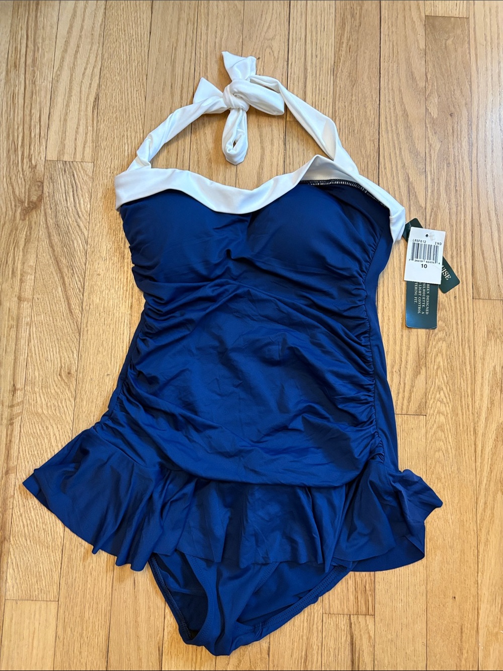 NEW Ralph Lauren Bel Air navy blue skirted one-piece swimsuit SZ 10